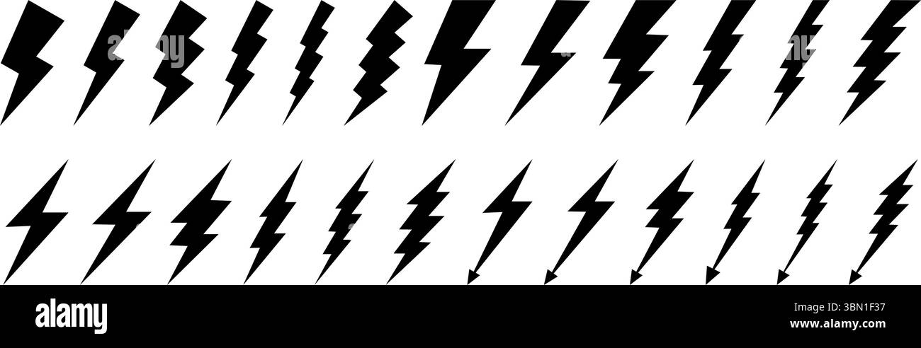 Satz von Thunderbolt-Symbolen. Sammlung von Blitzschildern isoliert auf weißem Hintergrund. Symbole für Taschenlampe, Energie, Warnung oder Schock. Piktogramme für elektrische Leistung. Vektorgrafik. Stock Vektor