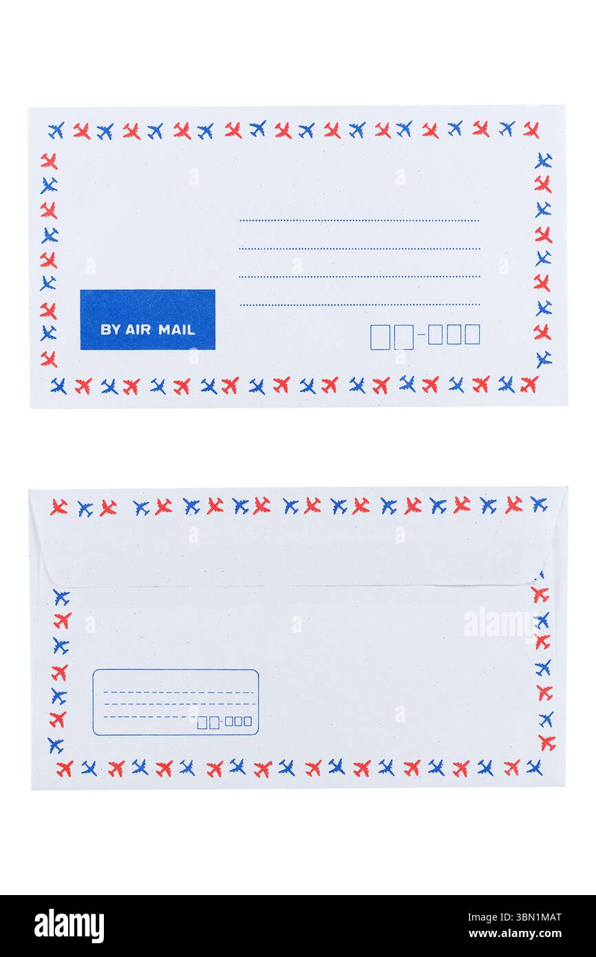 Sie befindet sich auf der Vorder- und Rückseite des weißen Umschlags, isoliert auf weiß. Stockfoto