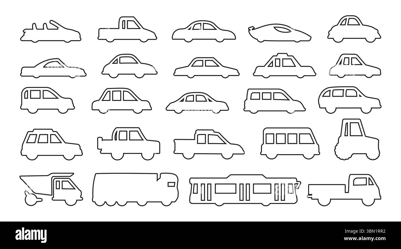 Auto-Symbolsatz. Lineares Schild niedlicher Transport-Pickup in verschiedenen Formen, Bustraktor LKW-Sammlung. Einfache Umrisssymbole Auto Illustration für Kinder Textiltuch, Poster Vektor Illustration Stock Vektor