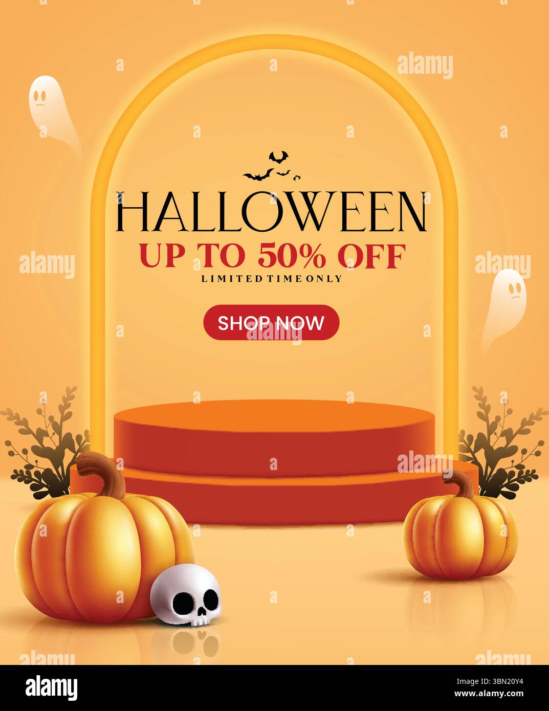 Halloween Sale Clipart Poster Design. Halloween-Podium für die Produktpräsentation gruselige Präsentations-ClipArt mit begrenztem Sonderangebot, Rabatt und Horror Stock Vektor