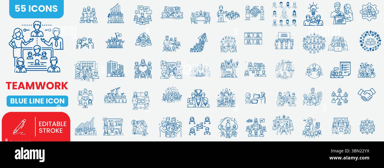 55 blaue Teamwork-Symbole – Zusammenarbeit, Kommunikation, Führung und Erfolg in minimalem Stil Stock Vektor