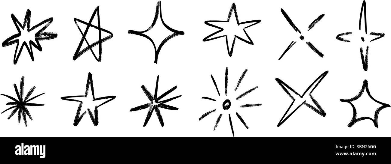 Buntstift handgezeichnete Sterne und Funkeln Set. Kindliche Doodle Sparks Kollektion. Grinsen mit rauem Pinselstrich, Glanzelement-Paket für Collage, Poster, Aufkleber, Etikett. Schwarz skizzierte Bleistiftsymbole. Vektor Stock Vektor