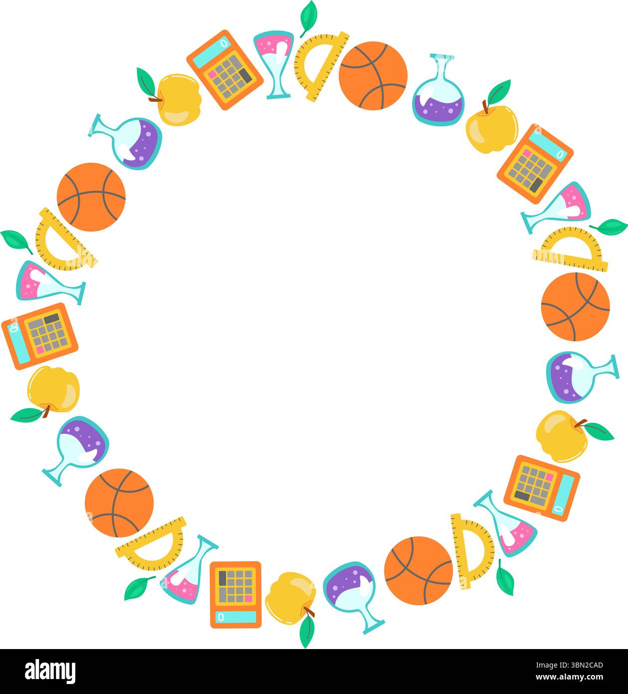 Ein verspielter und farbenfroher Back-to-School-Kranz mit Schulbedarf, Taschenrechner, Basketball, Flasche, Apfel, perfekt für Back-to-School-Designs Stock Vektor