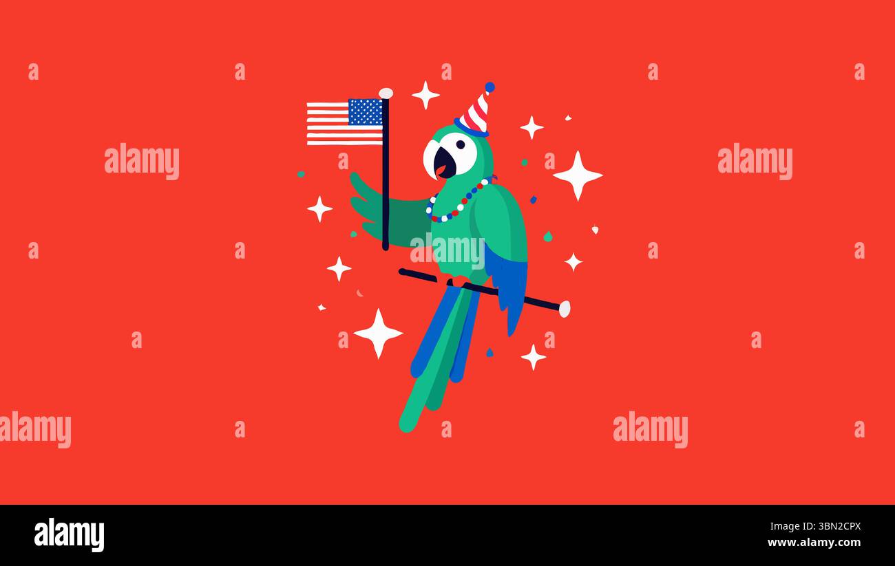 Festlicher grüner Papagei mit Partyhut und Perlen hält die amerikanische Flagge auf einer Barsche Stock Vektor