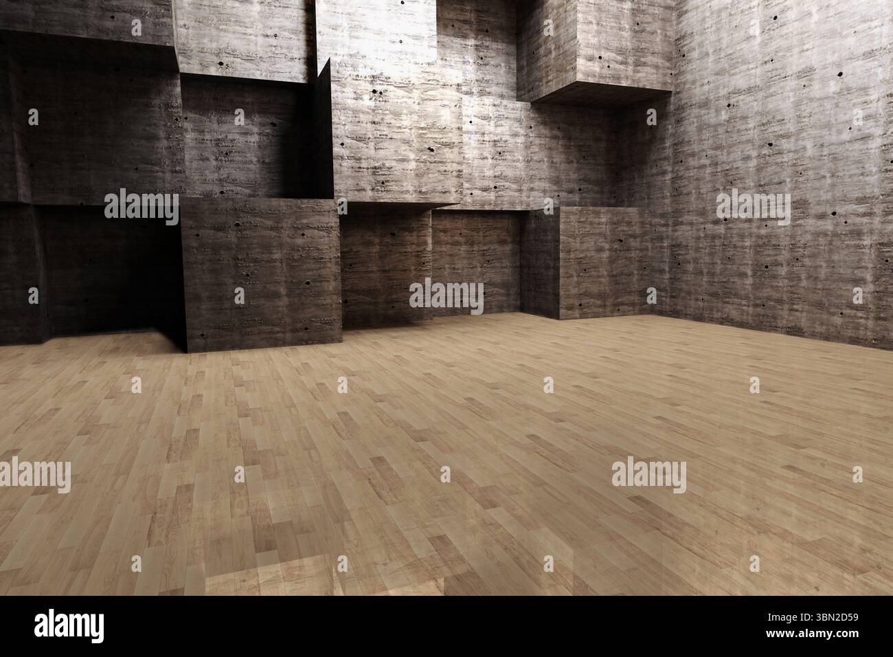 Leerer geometrischer Innenraum mit 3D-Rendering von Betonblockwänden und poliertem Holzboden Stockfoto