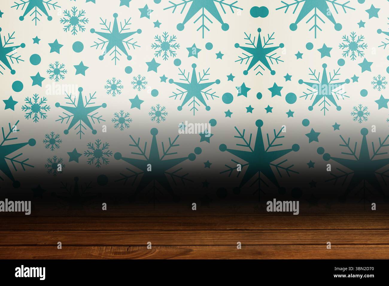 Schneeflocken-Tapete über Bodenbrettern Stockfoto