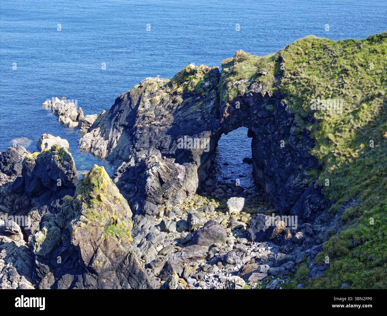 Felsige Küste und Felsentor an der Südostküste nahe der Südspitze von Cornwall am Ärmelkanal. Cadgwith, Cornwall, Südwestengland, Gr Stockfoto