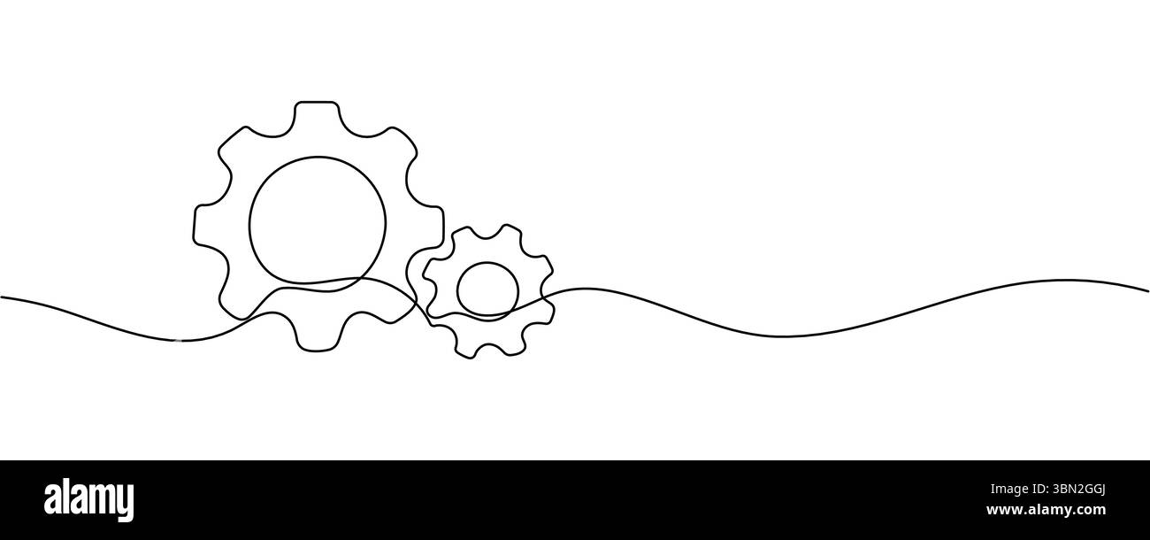 Durchgehende Zeichnung einer Linie des Maschinengetriebes. Abbildung einer Strichzeichnung des Zahnrads. Getriebetechnologiekonzept, einzeilig Bearbeitbare Modellstruktur. Stock Vektor
