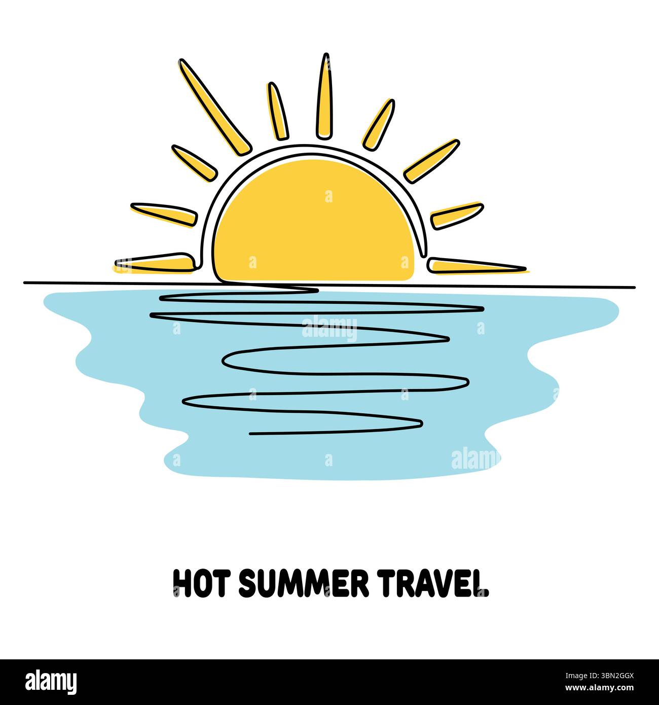 Minimalistische einzeilige Zeichnung Illustration einer heißen Sommerreiseszene. Eine hellgelbe Sonne mit Sonnenstrahlen steigt über ruhigem blauem Wasser auf, mit dezenter Linienreflexion Stock Vektor