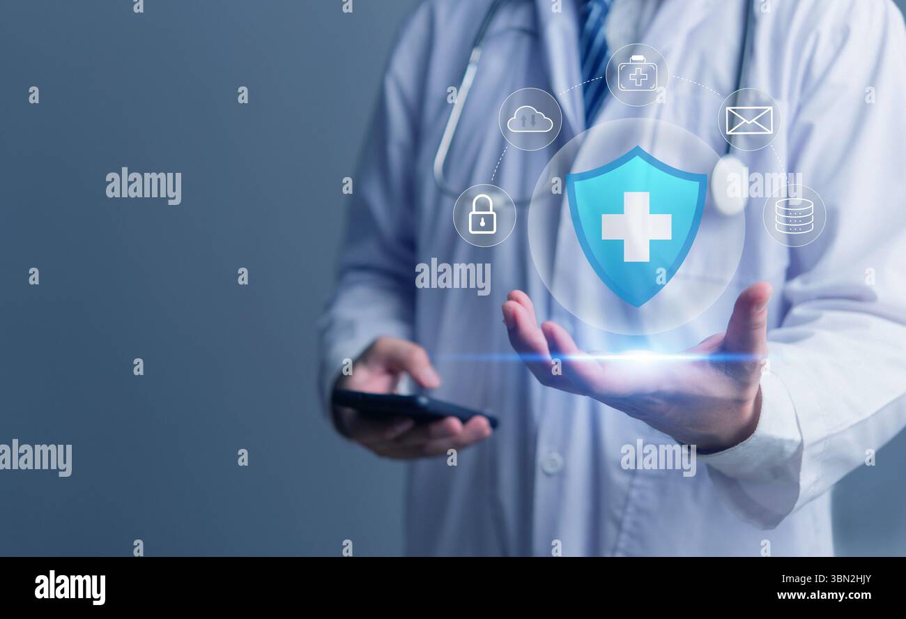 Sicheres Gesundheitsdatenkonzept mit Doctor and SHIELD Schnittstelle. Perfekt für Cybersicherheit, Medizintechnik, Schutz, digitale Gesundheit, HIPAA-konform Stockfoto