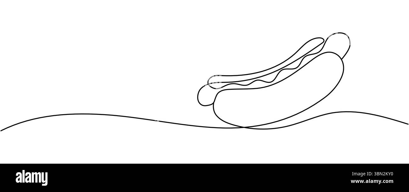 Durchgängiges Hotdog-Fast-Food-Symbol-Konzept. Silhouette von Brötchen mit Wurst und Senf ungesunder Snack. Bearbeitbare Kontur. Stock Vektor