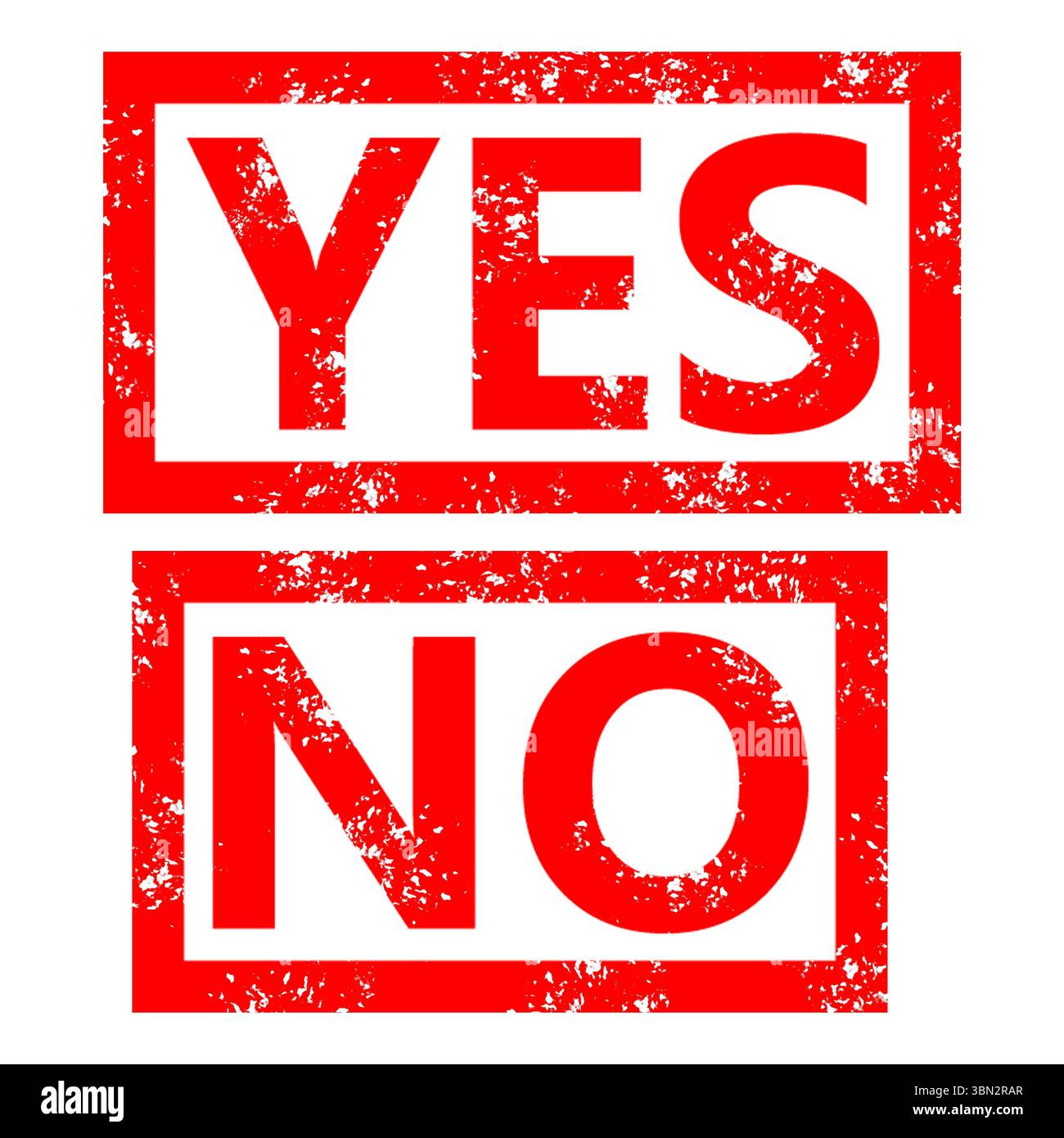 Ja und nein Muster eines roten Gummistempels auf weißem Hintergrund. Ja und kein Musterstempelzeichen. Ja und kein Stempel. Stockfoto
