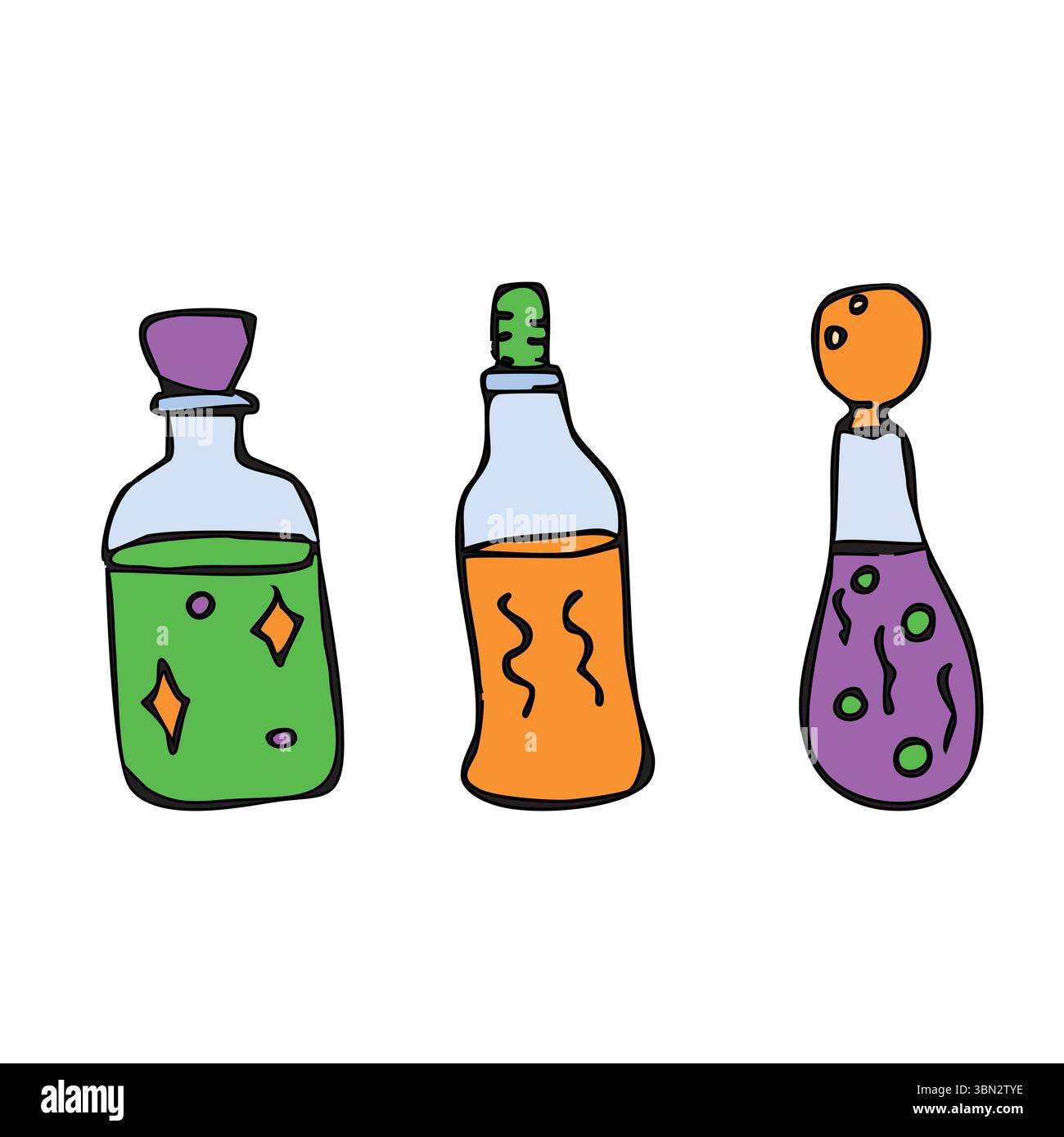Drei verschiedene bunte Flaschen Zaubertrank. Stock Vektor