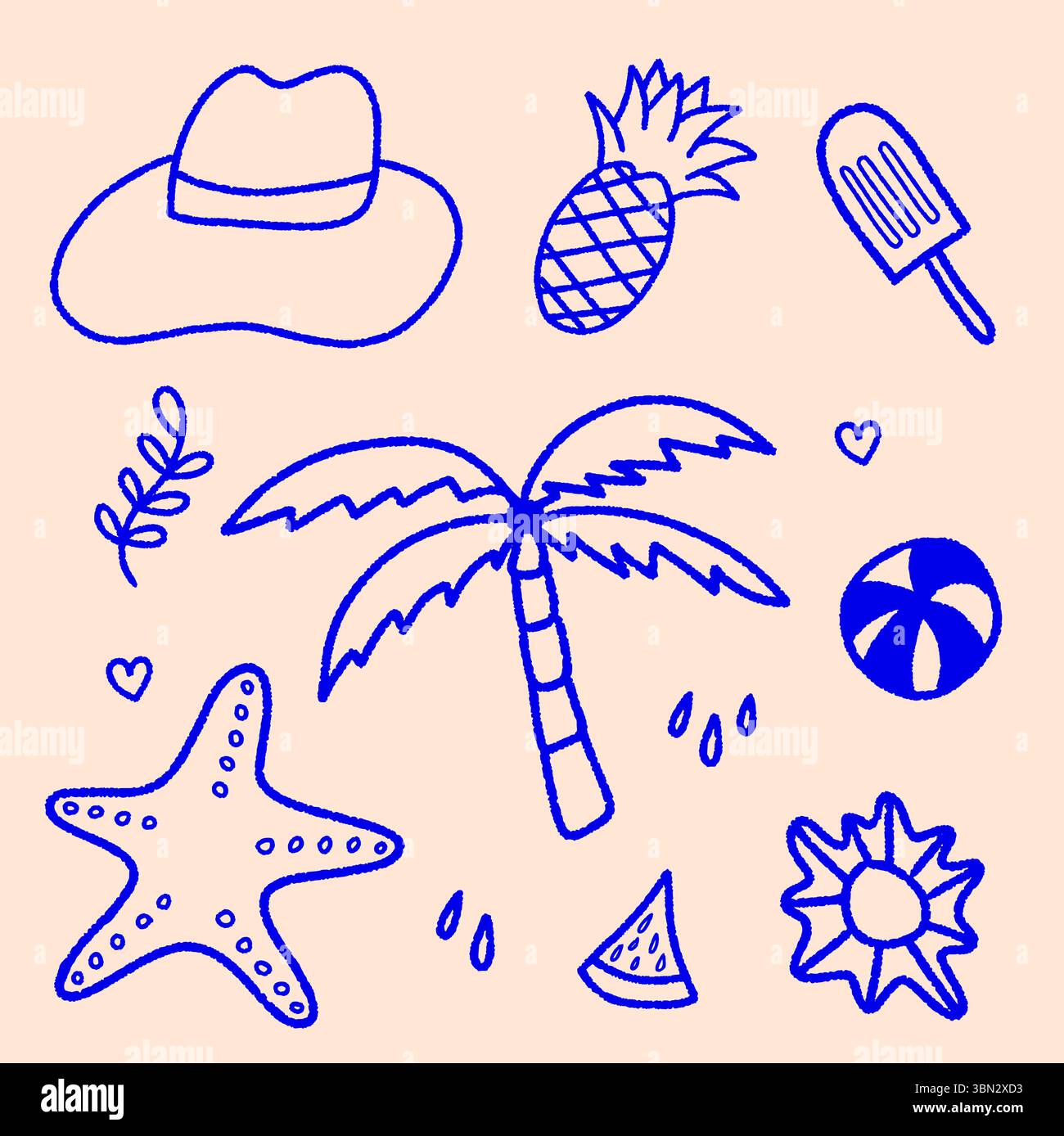 Sommer Strand Elemente in Doodle Stil Vektor Illustration, Sommer Urlaub Elemente mit Sonnenschirm und Sonne, nette Urlaub Illustration Set, Doodle Stock Vektor