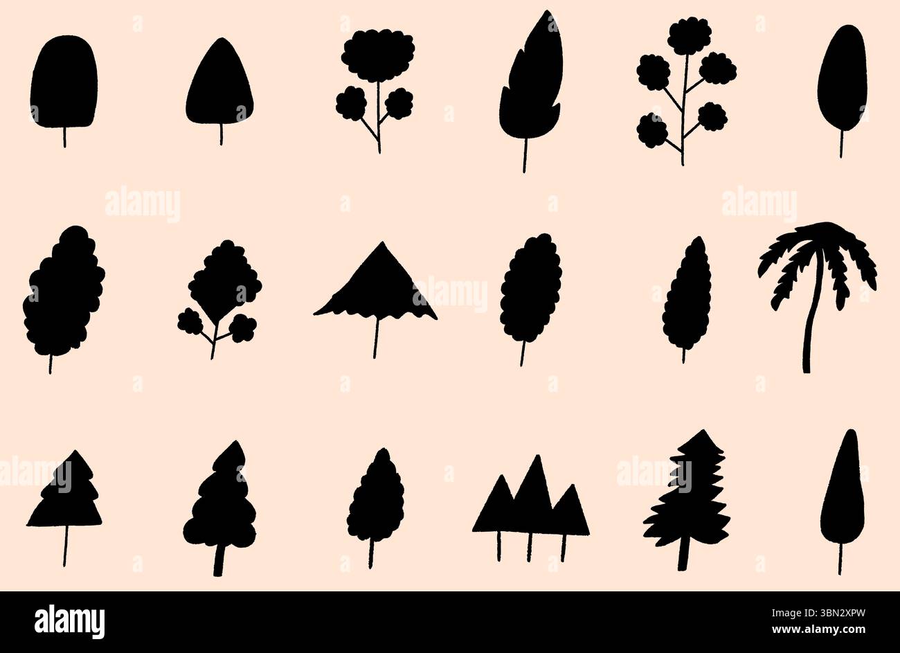 Sammlung von Baumsilhouetten in verschiedenen Formen und Stilen, schwarze Vektorbäume für Natur-, Wald-, Landschaft- und Walddesign-Projekte Stock Vektor