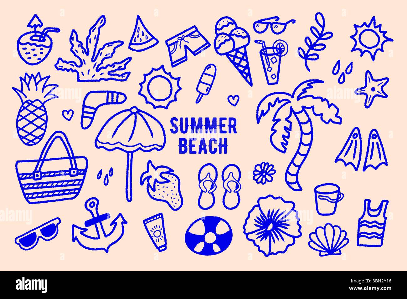 Sommer Strand Elemente in Doodle Stil Vektor Illustration, Sommer Urlaub Elemente mit Sonnenschirm und Sonne, nette Urlaub Illustration Set, Doodle Stock Vektor