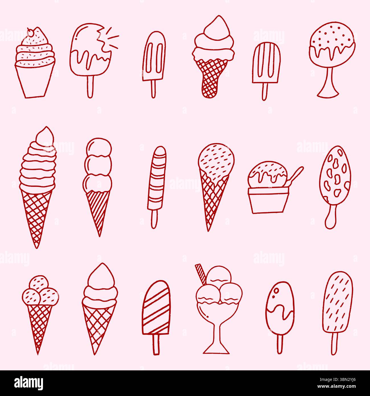 Set handgezeichneter Eiswürfel-Symbole. Eiskegel, Eis, Eisbecher. Eiscreme-Lebensmittelsammlung isoliert Stock Vektor