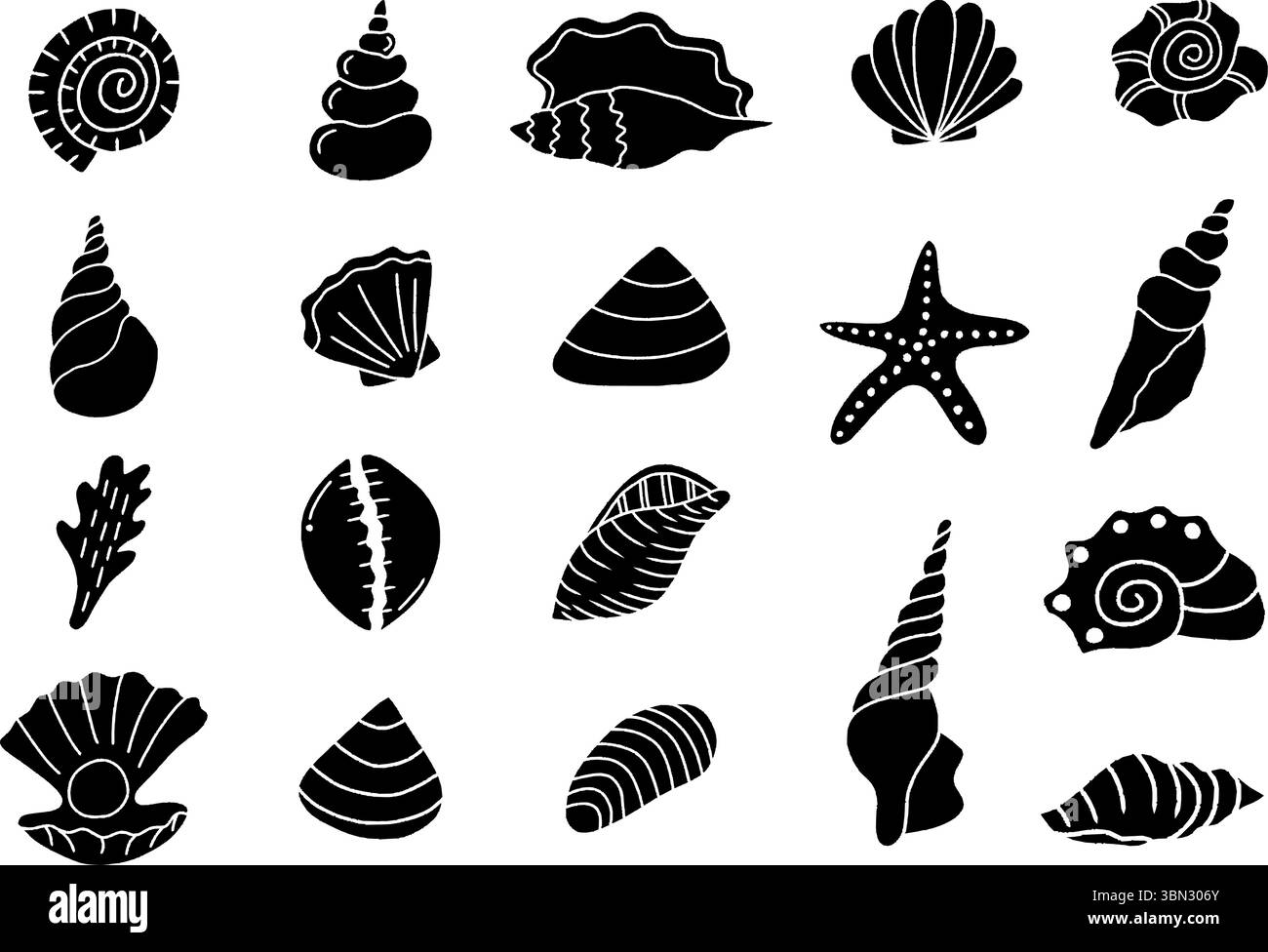 Handgezeichnete Vektor-Silhouette Set von Muscheln und Seesternen, Sea Shell Kollektion, Unterwasser Meereslebewesen Meeresschale, Black Doodle Stock Vektor
