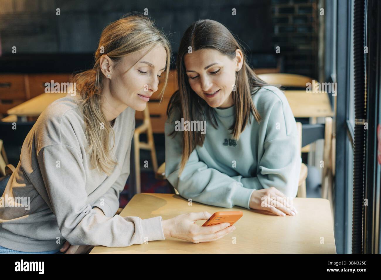 Zwei moderne Frauen surfen mit einem Mobiltelefon im Internet, waehrend sie in einem Cafe sitzen Stockfoto