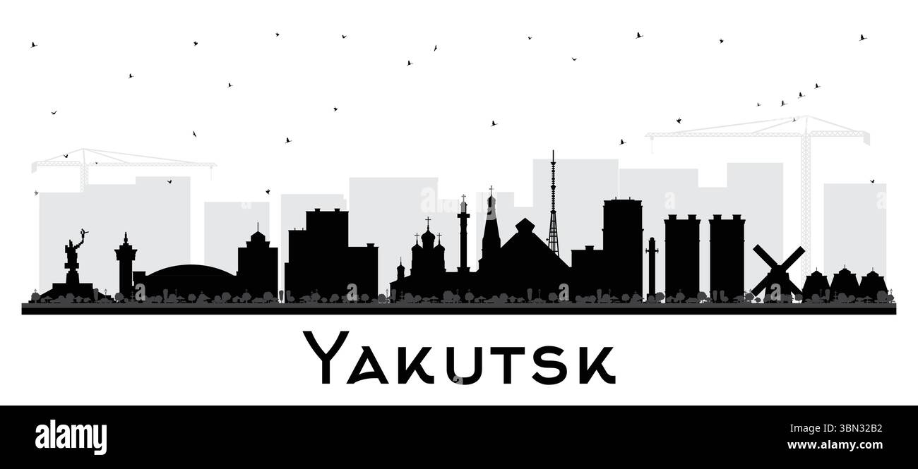 Yakutsk Russland Skyline Silhouette mit schwarzen Gebäuden isoliert auf weiß. Vektorabbildung. Jakutsk Stadtbild mit Wahrzeichen. Stock Vektor