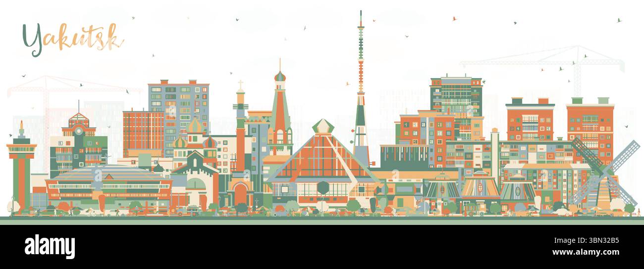 Skyline der Stadt Jakutsk Russland mit farbigen Gebäuden. Vektorabbildung. Jakutsk Stadtbild mit Wahrzeichen. Geschäftsreisen und Tourismuskonzept. Stock Vektor