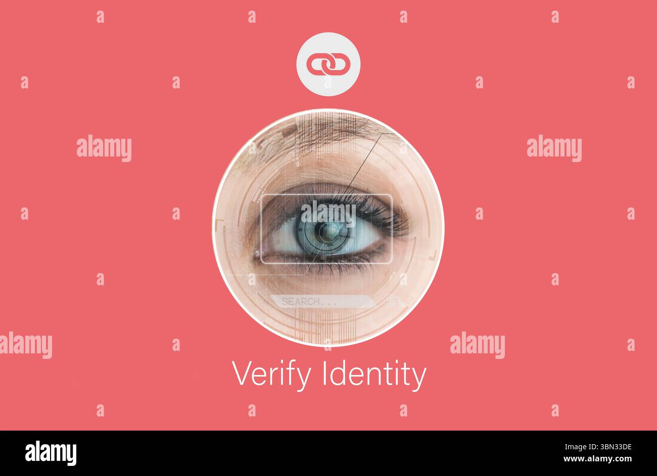 Präsentation einer flachen Benutzeroberfläche auf korallenrosa Hintergrund: Augenscan oder Rasterbild oder Kettenglied-Symbol oder Identi verifizieren Stockfoto