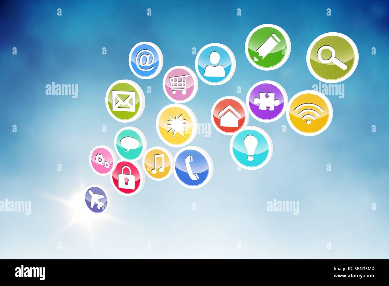 Farbenfrohe, flache Symbole auf blauem Farbverlauf mit E-Mail, Einkaufswagen und Telefon Stockfoto