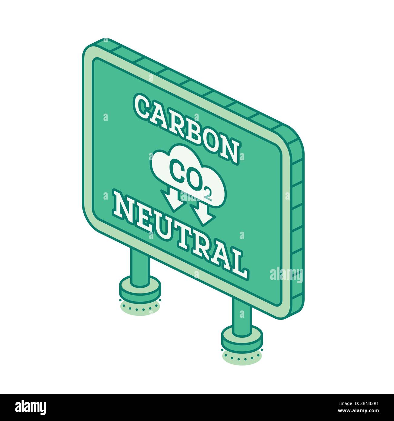 Isometrisches CO2-neutrales Zeichen mit CO2-Wolkensymbol. Konzept der Nachhaltigkeit, der Emissionsfreiheit und der Umweltverantwortung für eine sauberere Zukunft. Stock Vektor