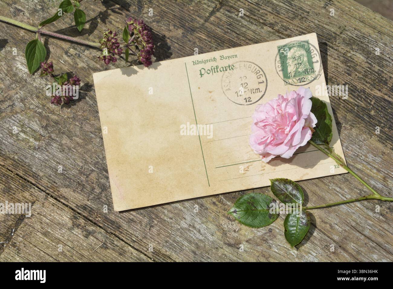 Antike leere Vintage-Postkarte mit alter Briefmarke liegt auf altem Holz mit Blumen Stockfoto
