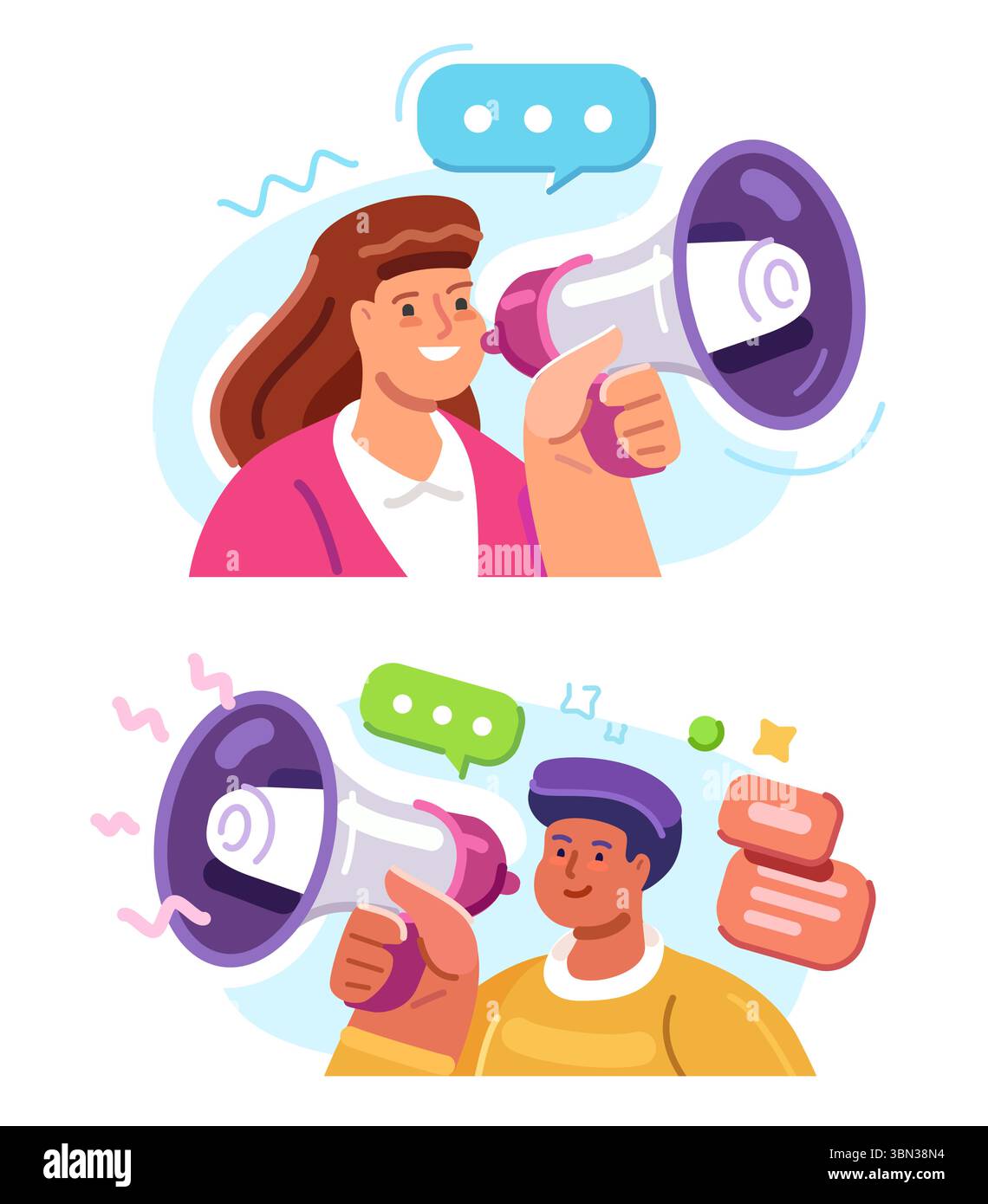 Frau, die Nachrichten mit Megaphon Social Media Marketing ankündigt. Mann mit Lautsprecher. Werbung Stock Vektor