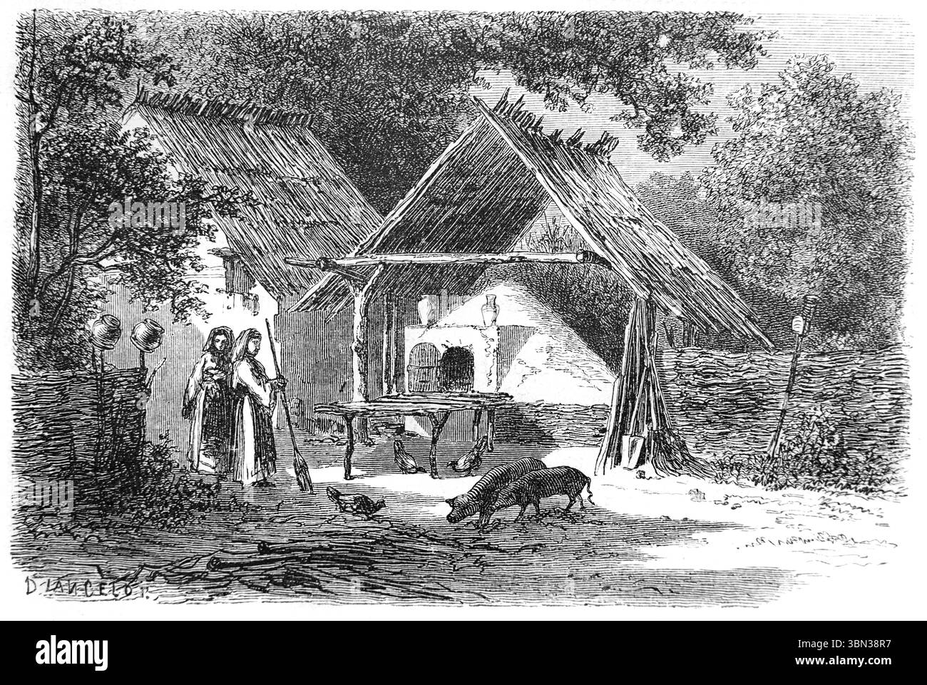 Outdoor-Ofen oder Outdoor-Küche und traditionelles Haus in Curtea de Arges, Bezirk Arges, Rumänien. Vintage oder historische Gravur oder Illustration 1866 Stockfoto