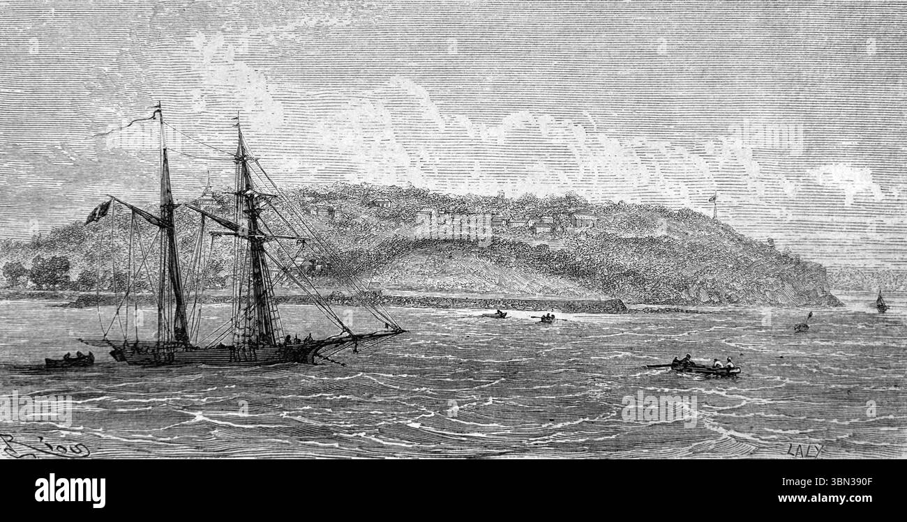 Montagne d'Argent oder Monte Prata und hölzerne Segelschiffe oder Boote Segeln an der Mündung von Oiapoque oder Oyapock River Französisch-Guayana Südamerika. Vintage oder historische Gravur oder Illustration 1866 Stockfoto