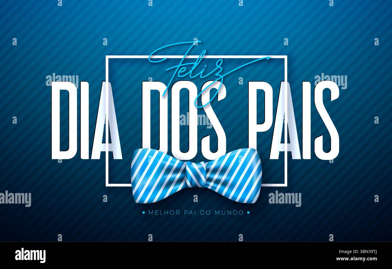 Happy Vatertag Grußkarte Design mit blauem Herz, Fliege und Typografie-Schriftzug auf blauem Hintergrund. Feliz Dia dos Pais Portugiesisch Stock Vektor