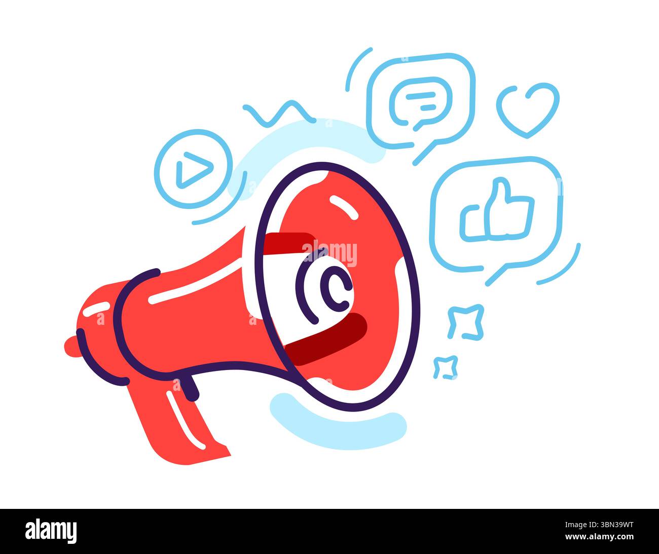 Megaphon-Lautsprecher kündigt an. Online-Werbung oder -Werbung, digitales Marketing in sozialen Medien Stock Vektor