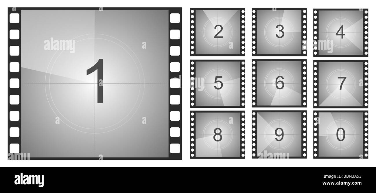Countdown-Filmrahmen, Film-Intro-Animation Retro-Videobildschirm. Start Timer Set, Filmstreifenrand, Vintage-Zähler. Vektorabbildung Stock Vektor