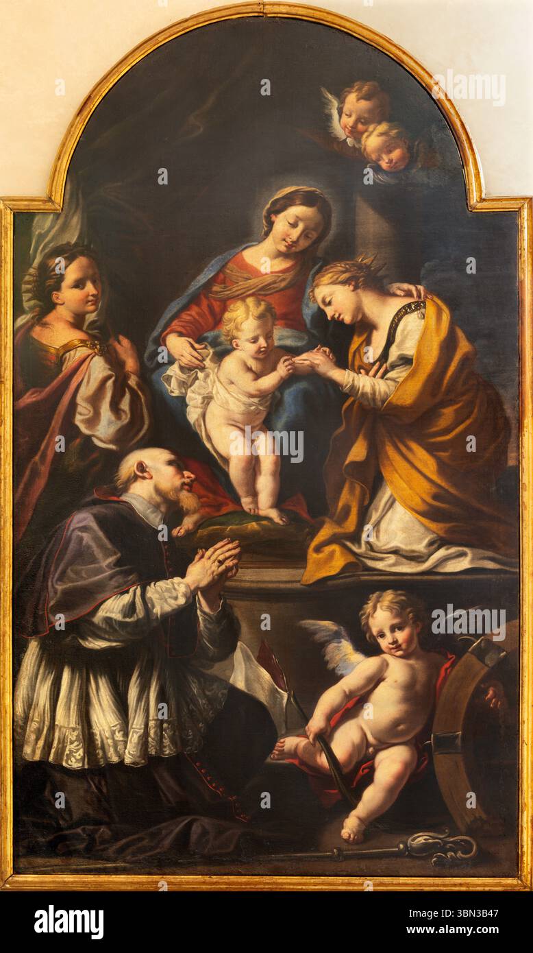 PIACENZA, ITALIEN - 20. MAI 2025: Gemälde der mystischen Ehe der Heiligen Katharina und des seligen Paolo Burali in der Kathedrale von Robert de Longe Stockfoto