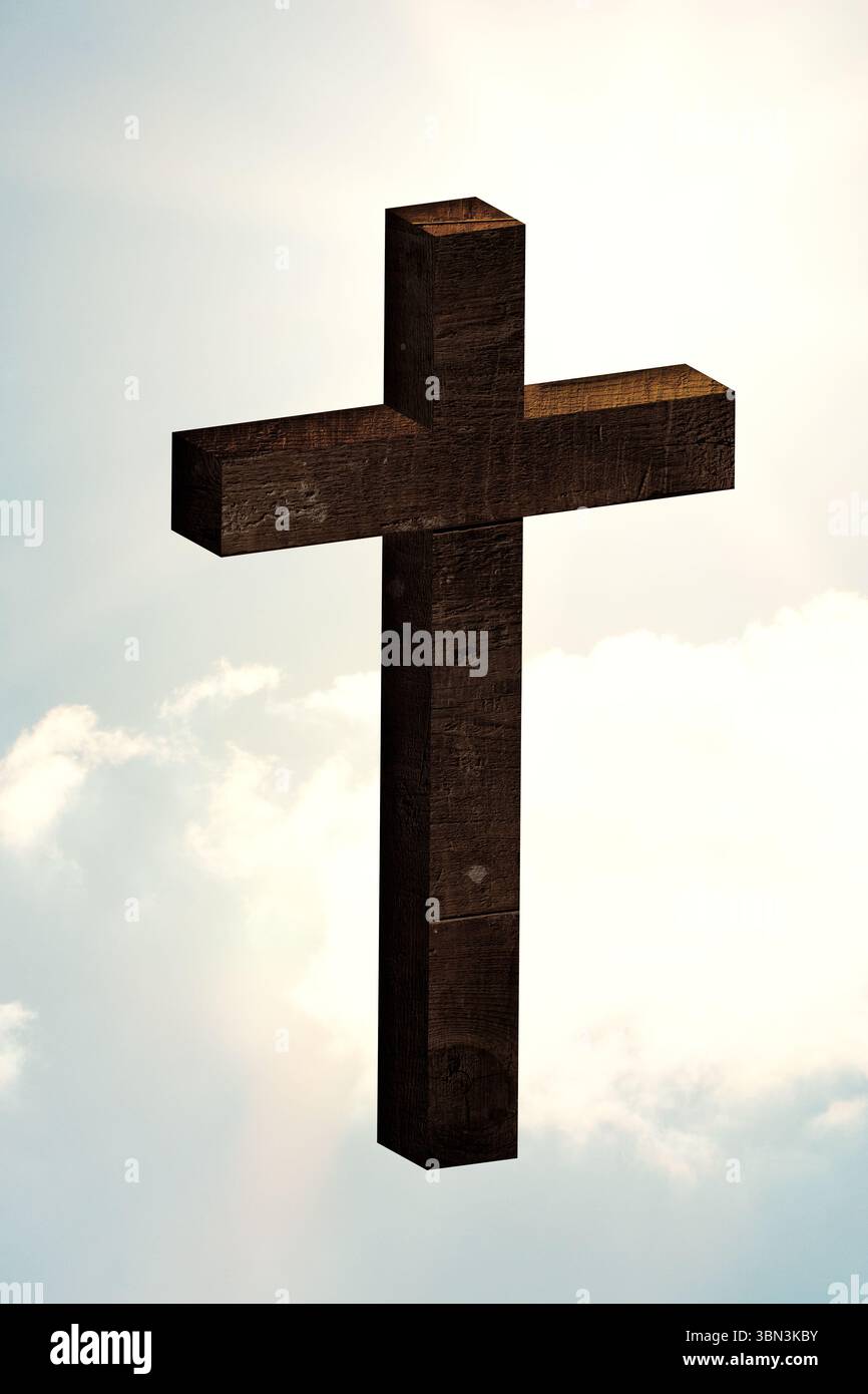 Dunkelbraunes Holzkreuz wird mit verwitterter Textur gegen hellen Himmel in flachem Design aufgehängt Stockfoto