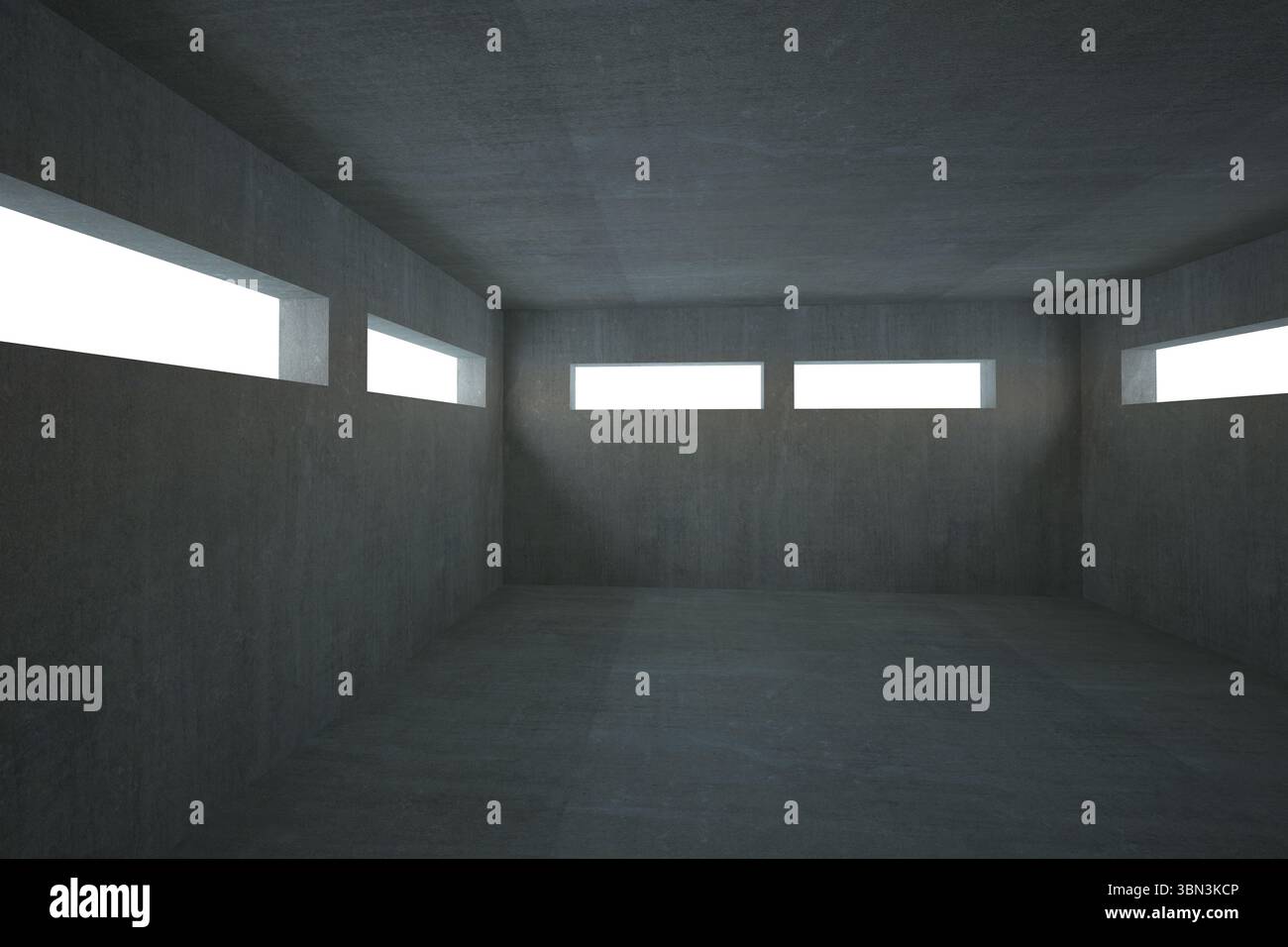 Die flache Designszene zeigt einen minimalistischen Betonraum mit fünf schmalen Fenstern, die weiches Licht erzeugen Stockfoto