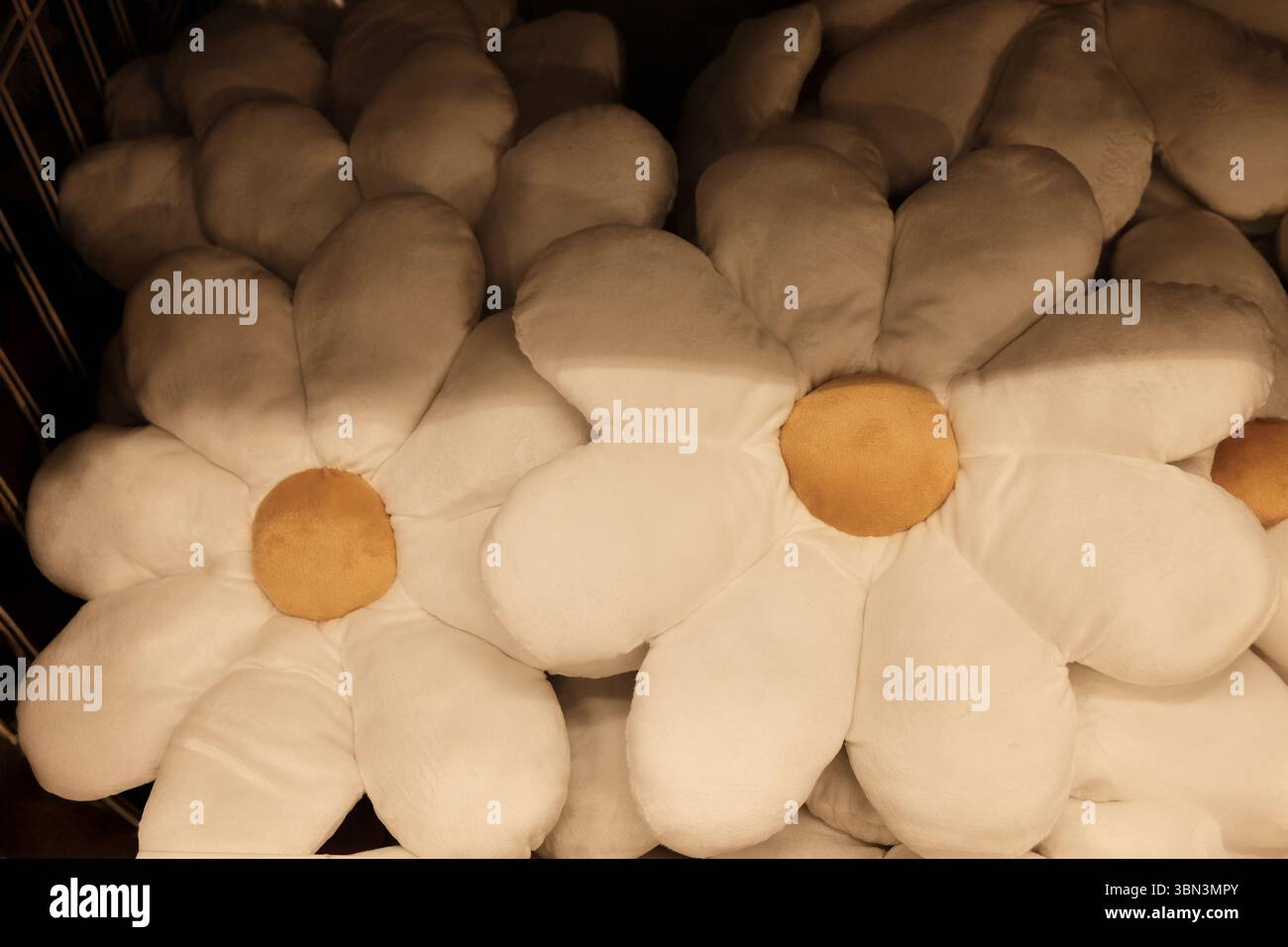 Große weiche Daisy Kissen mit weichen weißen Blüten und gelben Mittelpunkten, gestapelt in einem Display unter warmer Beleuchtung. Nahansicht. Spielzeug zum Verkauf Stockfoto