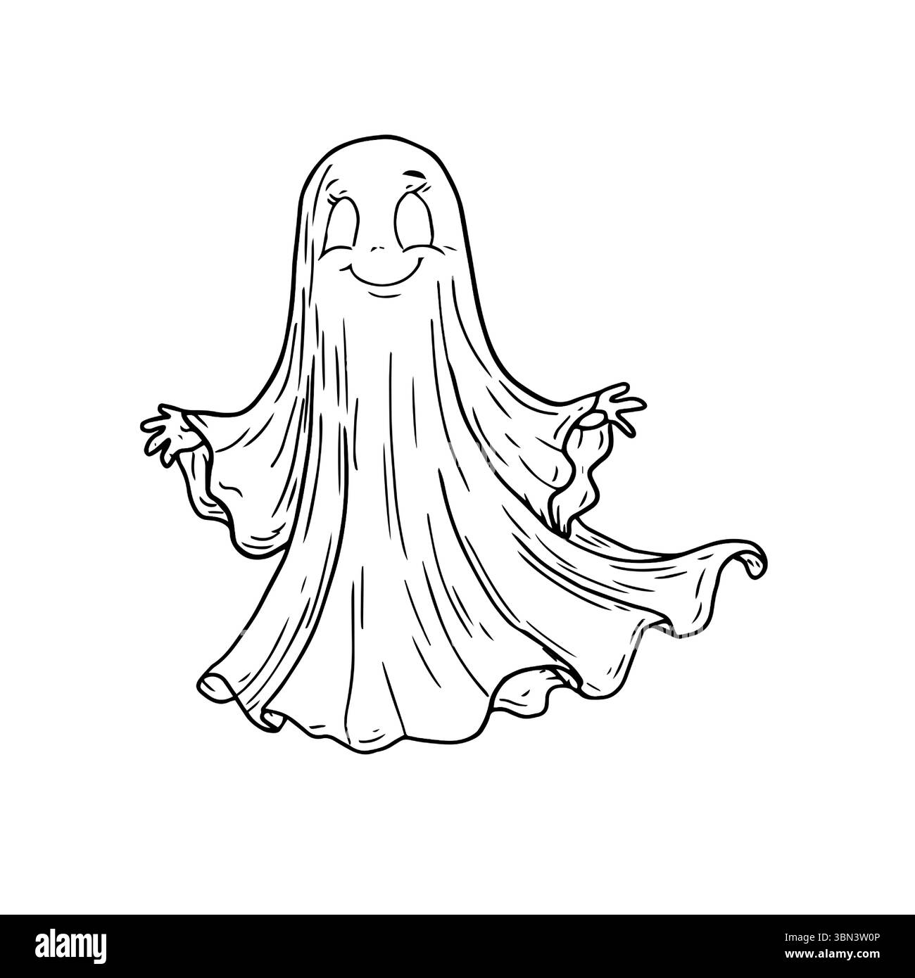 Lustige Geisterfliege, schwarz-weiße Tusche. Vektorabbildung. Ein lächelnder Geist, isoliert auf weißem Hintergrund. Halloween-Thema, Kinderbuch Stock Vektor