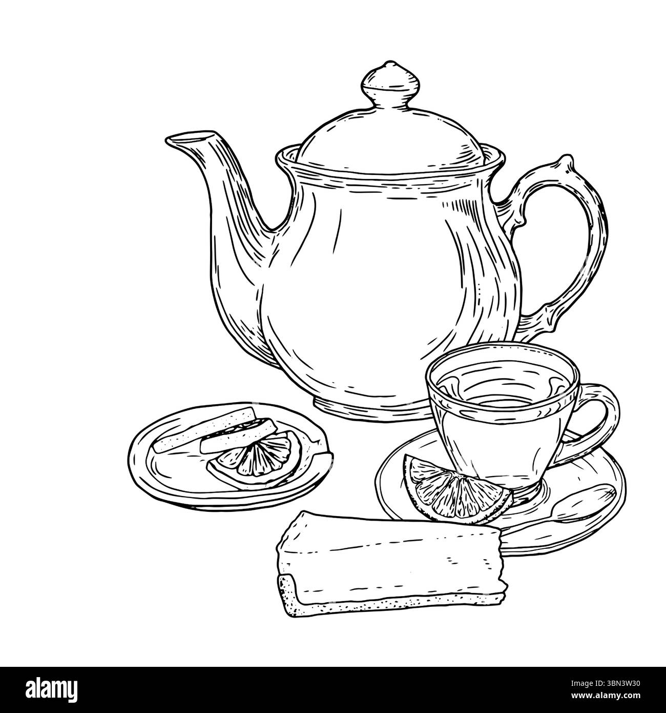 Eine Teekanne und eine Tasse auf Untertasse, ein Stück Kuchen und eine Scheibe Zitrone, eine schwarz-weiße Skizze. Vektorabbildung. Köstliches Gebäck aus der Konditorei für bre Stock Vektor