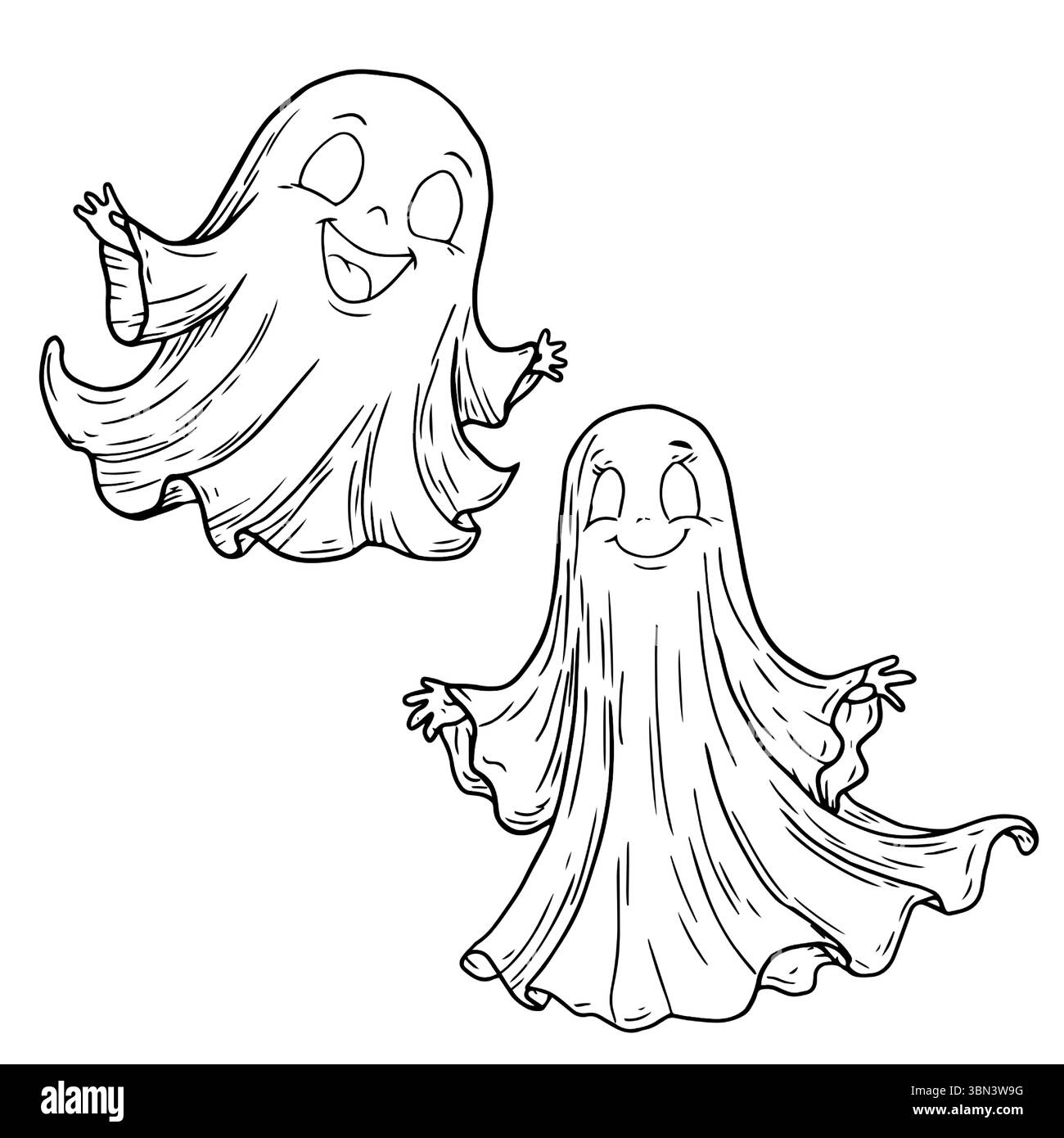 Lustiger fliegender Geist, skizziert in schwarz-weißer Tinte. Vektorabbildung. Ein lächelnder Geist, das Set ist isoliert auf einem weißen Hintergrund. Halloween-Themen Stock Vektor