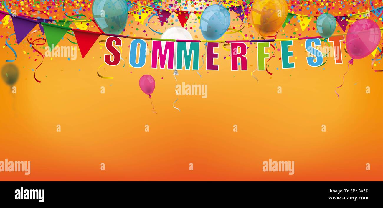 Sommerfest Konfetti Ballons Sunbeam Orange Sky Header deutscher Text Sommerfest, übersetzen Sommerfest. Stockfoto