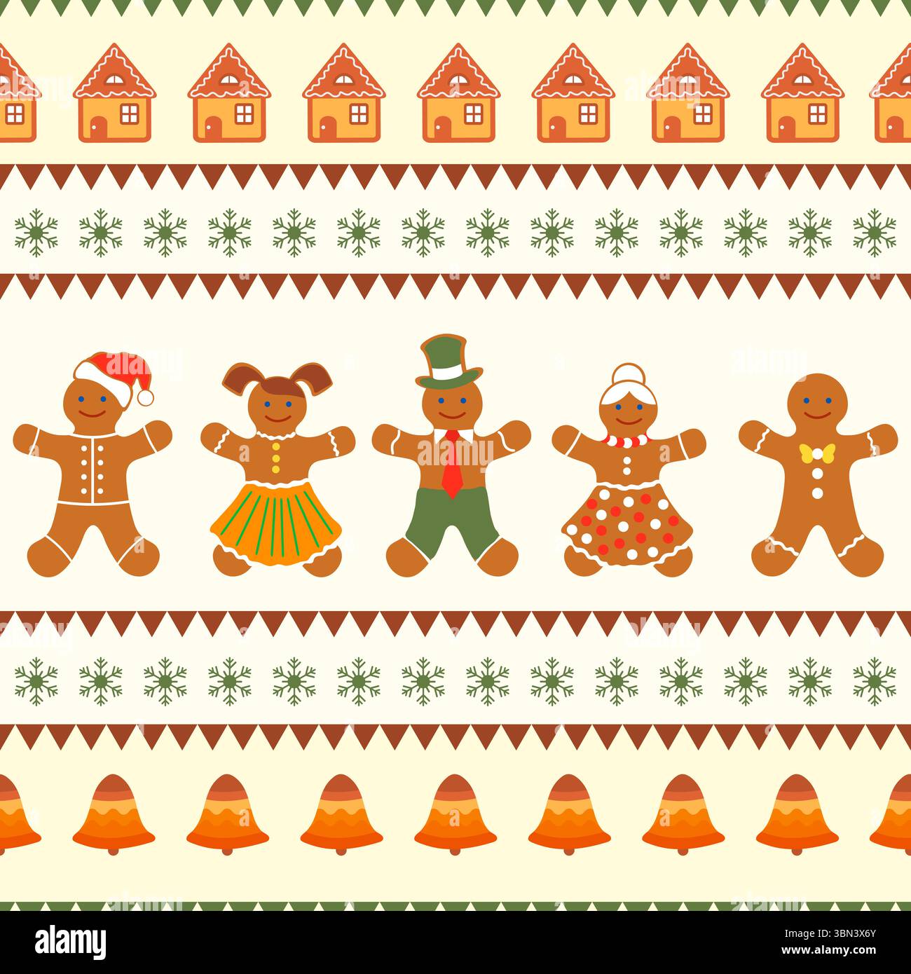 Lebkuchenweihnachtsmuster mit festlichen Charakteren und Schneeflocken, geeignet für Hintergründe Vektor Stock Vektor