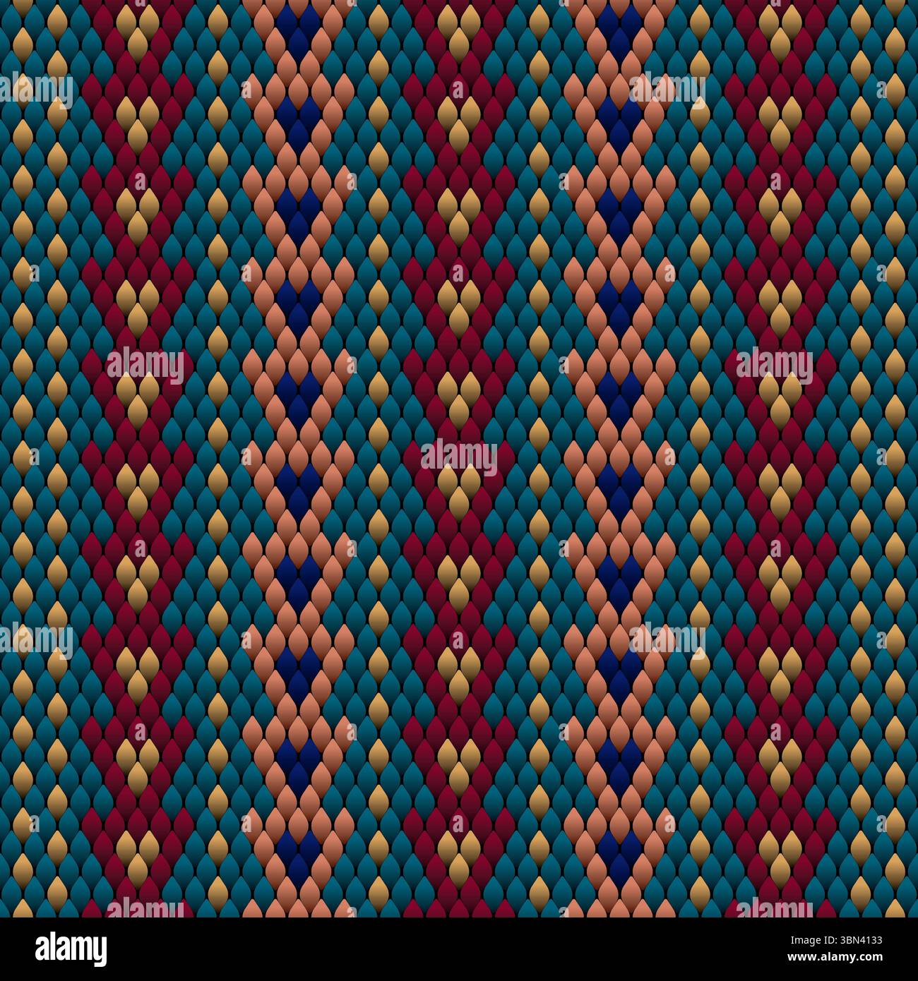 Dieses nahtlose Vektormuster zeigt ein lebendiges Tribal-Design mit ineinander greifenden Skalen in kräftigen Farben – Petrol, Kastanienbraun, Senfgelb, Pfirsich und Navy B Stock Vektor