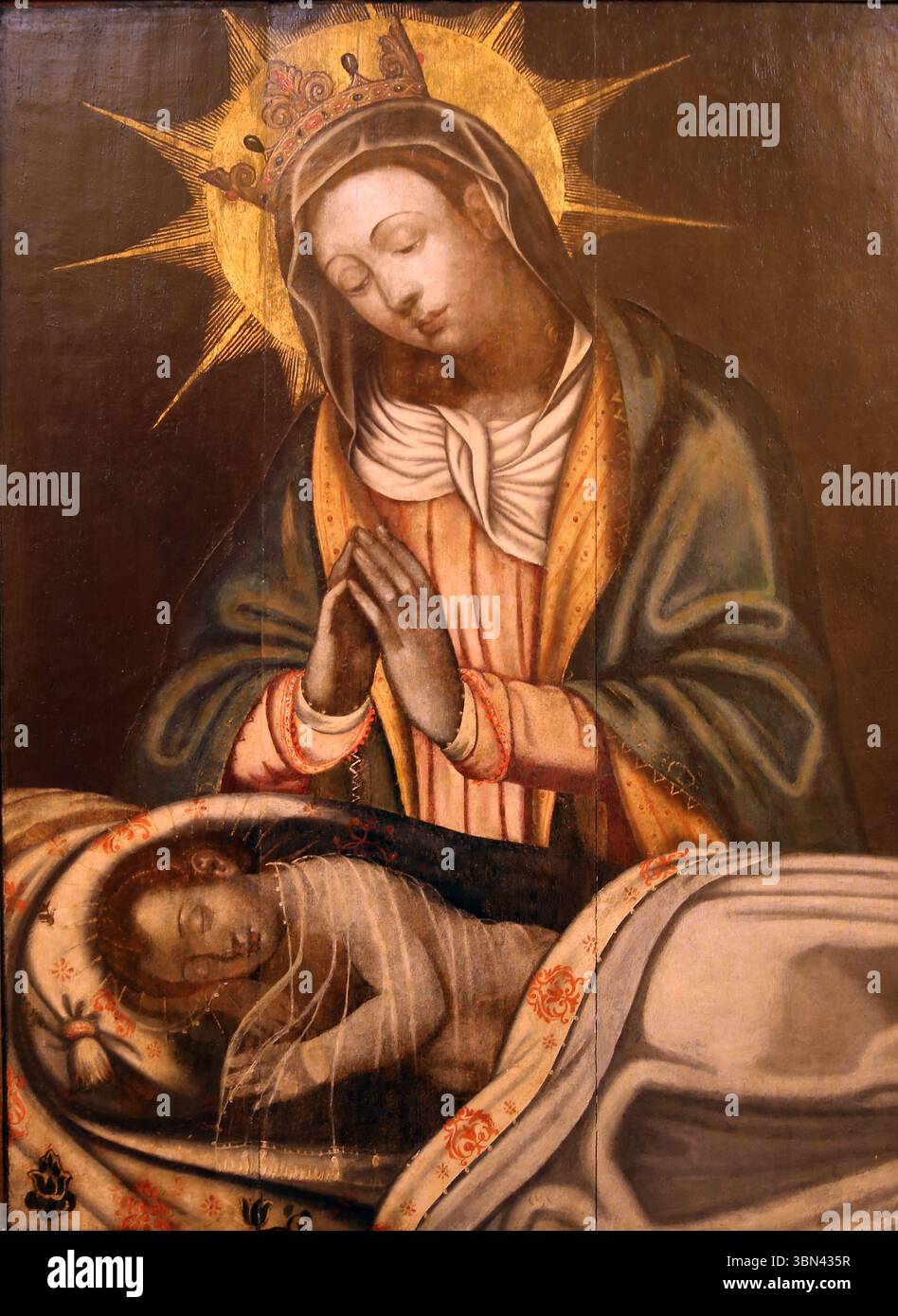 Unsere Dame wacht über das schlafende Kind. 16./17. Jahrhundert. Öl auf Holz. Saint Francisco Museum Centre. Evora. Portugal. Stockfoto