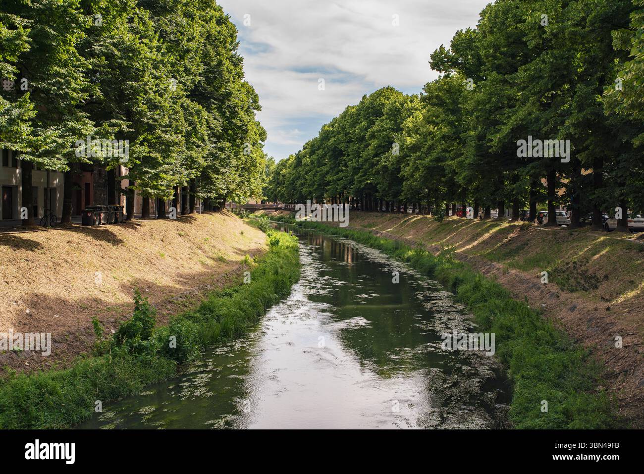 Der naviglio martesana Kanal fließt sanft durch die Stadt Gorgonzola, italien, gesäumt von üppigen grünen Bäumen und reflektiert den Sommerhimmel Stockfoto