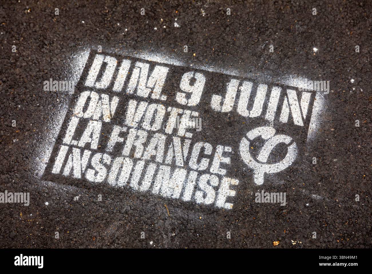 Lille, Schabloneninschrift für die Parlamentswahlen vom 9. Juni 2024. Wir stimmen für Frankreich unschuldig. Stockfoto