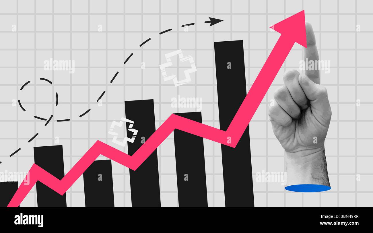 Business Growth Concept Art Retro Collage. Hand halten Pfeil nach oben. Trendiges, modernes Retro-Banner. Vektorabbildung Stock Vektor