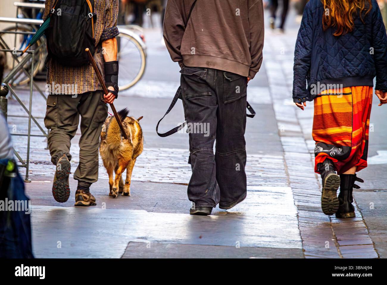 Gruppe junger Obdachloser, die in einer Fußgängerzone mit einem Hund laufen. Oft Dog Punk genannt. Stockfoto